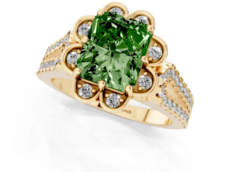 Radiant Cut Floral Halo Engagement Ring Setting for a Fancy Green Lab-Grown Diamond | Pavé Split Shank | Yellow Gold