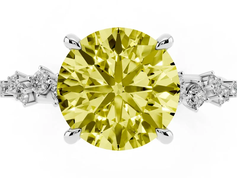 Fancy Yellow Round Cut Diamond Solitaire Vine Band Ring Set in White gold with Round Accents and Prong Setting