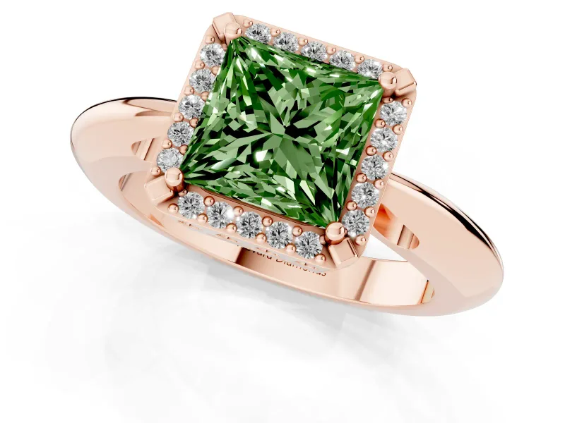Princess Cut Halo Engagement Ring Setting for a Fancy Green Lab-Grown Diamond | Plain Tapered Band | Rose Gold