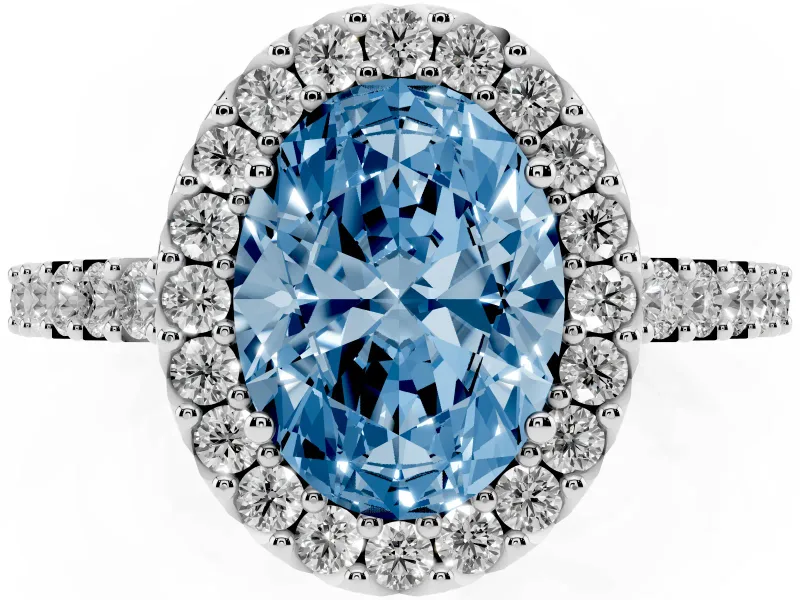 Fancy Blue Oval Cut Diamond Halo Pavé Solitaire Ring Set in White gold with Prong-Set Center Stone