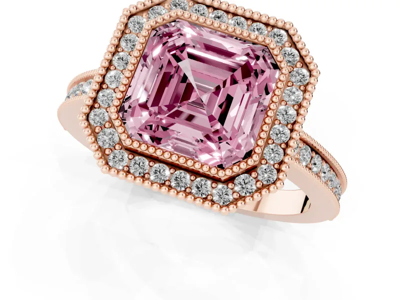 Asscher Cut Milgrain Halo Engagement Ring Setting for a Fancy Pink Lab-Grown Diamond | Rose Gold