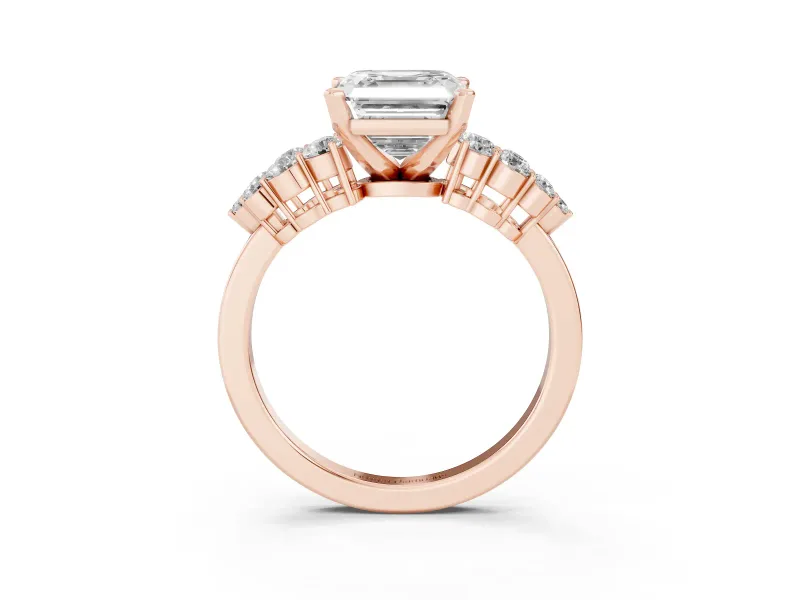Asscher Cut Side Stone Engagement Ring Setting | Two-Row Shoulder Clusters | Rose Gold