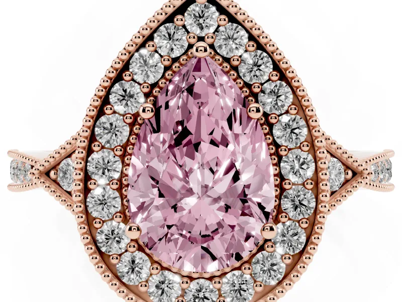 Pear-Shaped Milgrain Halo Engagement Ring Setting for a Fancy Pink Lab-Grown Diamond | Graduated Pavé | Rose Gold
