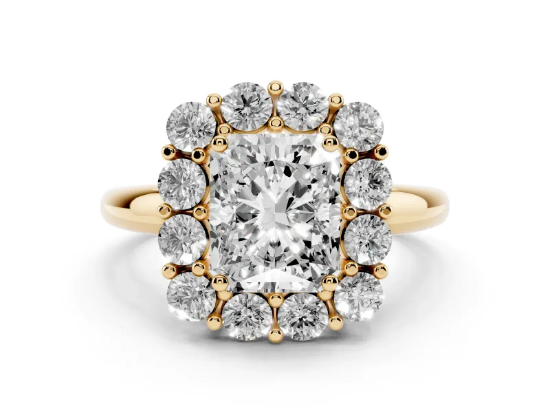 Radiant Cut Diamond Halo Cluster Engagement Ring Set in Yellow gold with Polished Band and Prong Setting