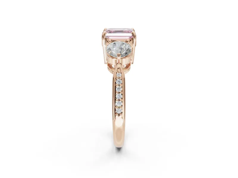 Asscher Cut Three Stone Engagement Ring Setting for a Fancy Pink Lab-Grown Diamond | Tapered Pave Band | Rose Gold