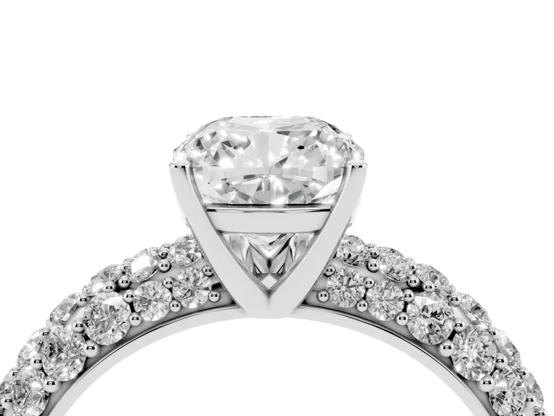 Cushion Cut Diamond Pavé Band Solitaire Ring Set in Silver with Close-Set Accent Stones and Prong Setting