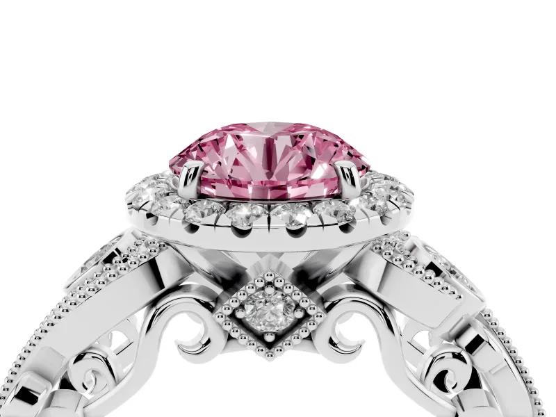 Fancy Pink Round Cut Diamond Halo Ring Set in White gold with Milgrain Pavé Band and Prong Setting