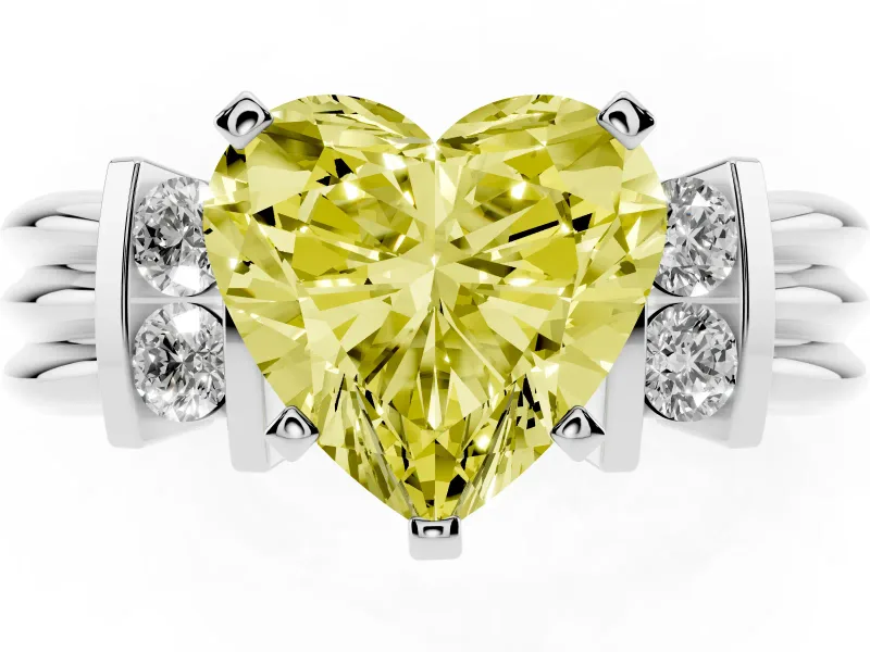 Fancy Yellow Three-Stone Heart Cut Diamond Channel Set Ring Set in Platinum with Bar Prongs