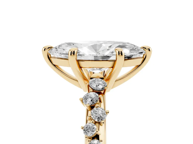 Marquise Cut Diamond Solitaire Vine Band Ring Set in Yellow gold with Round Accents and Prong Setting