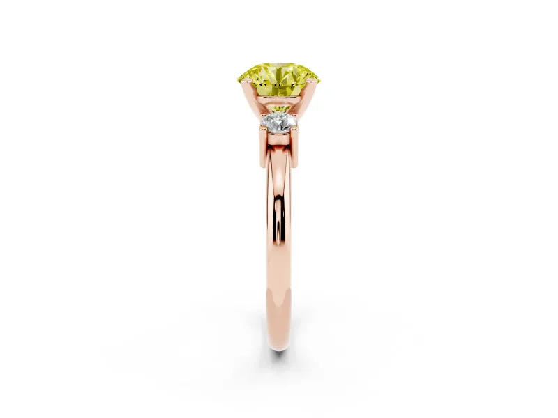 Round Three Stone Engagement Ring Setting for a Fancy Yellow Lab-Grown Diamond | Round Side Stones | Rose Gold