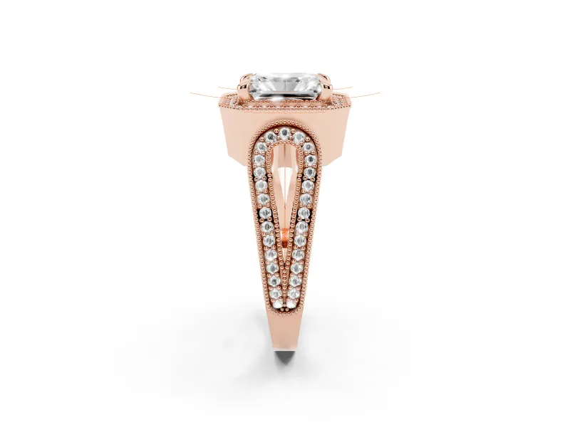 Radiant Cut Vintage Milgrain Halo Engagement Ring Setting | Open Loop Pave Shoulders | Rose Gold