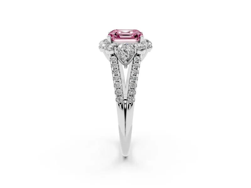 Fancy Pink Asscher Cut Diamond Halo Split Shank Engagement Ring Set in White gold with Prong-Held Center Stone