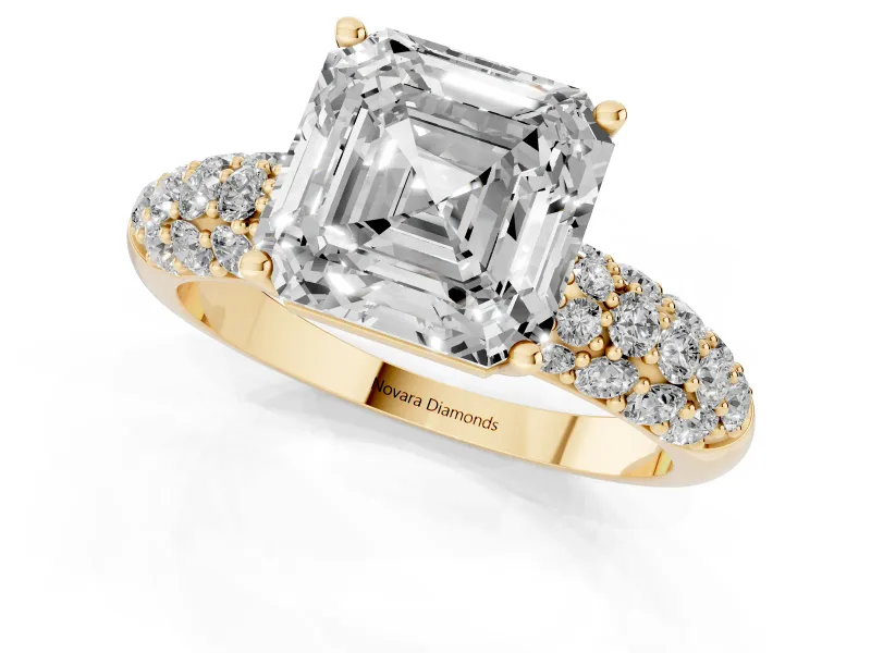 Asscher Cut Multi Row Pave Solitaire Engagement Ring Setting | Domed Shoulders | Yellow Gold
