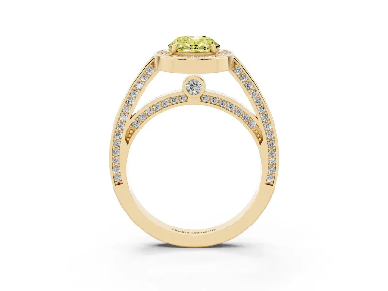 Fancy Yellow Oval Cut Diamond Halo Pavé Split Shank Ring Set in Yellow gold with Prong Setting