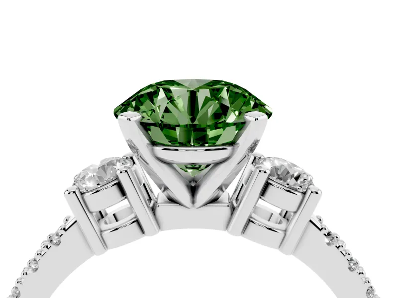 Fancy Green Three-Stone Round Cut Diamond Pavé Band Ring Set in White gold with Prong Setting