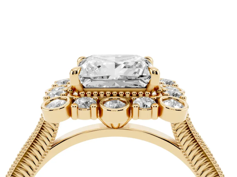 Princess Cut Diamond Halo Milgrain Pavé Ring Set in Yellow gold with Prong Setting