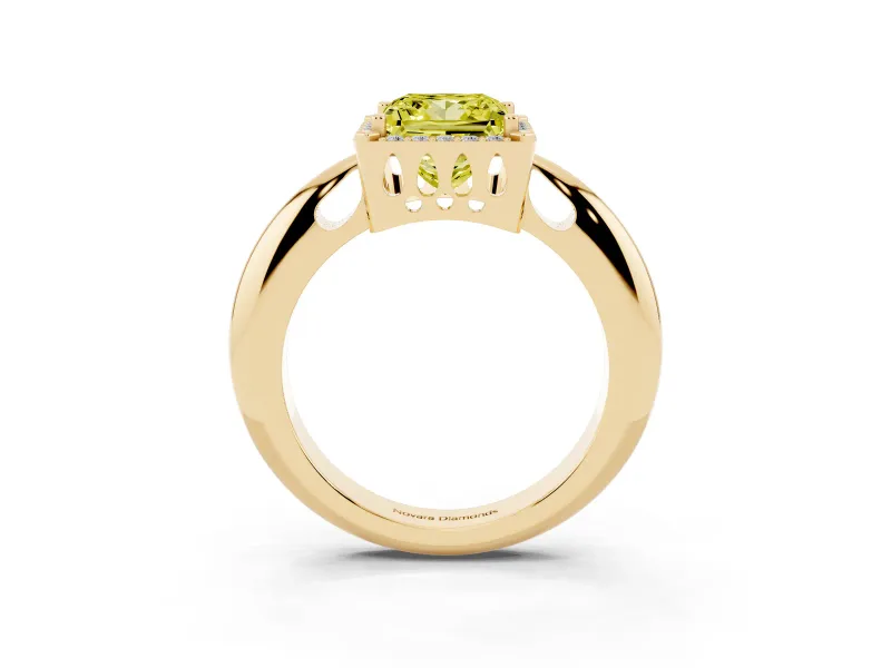 Fancy Yellow Princess Cut Diamond Halo Engagement Ring Set in Yellow gold with Plain Split Shank and Prong Setting