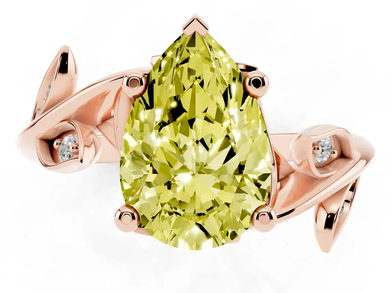 Fancy Yellow Pear Cut Diamond Solitaire Twist Engagement Ring Set in Rose gold with Pavé Leaf Accents