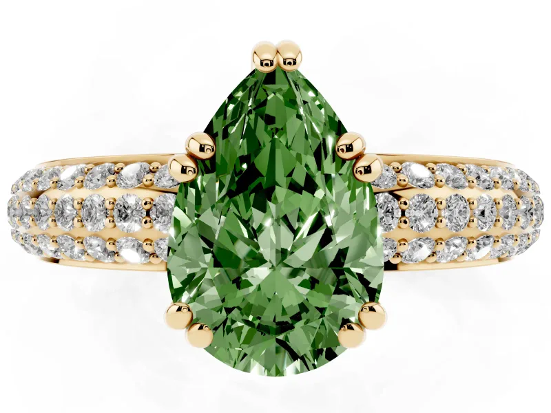 Pear-Shaped Three Row Pave Engagement Ring Setting for a Fancy Green Lab-Grown Diamond | Yellow Gold