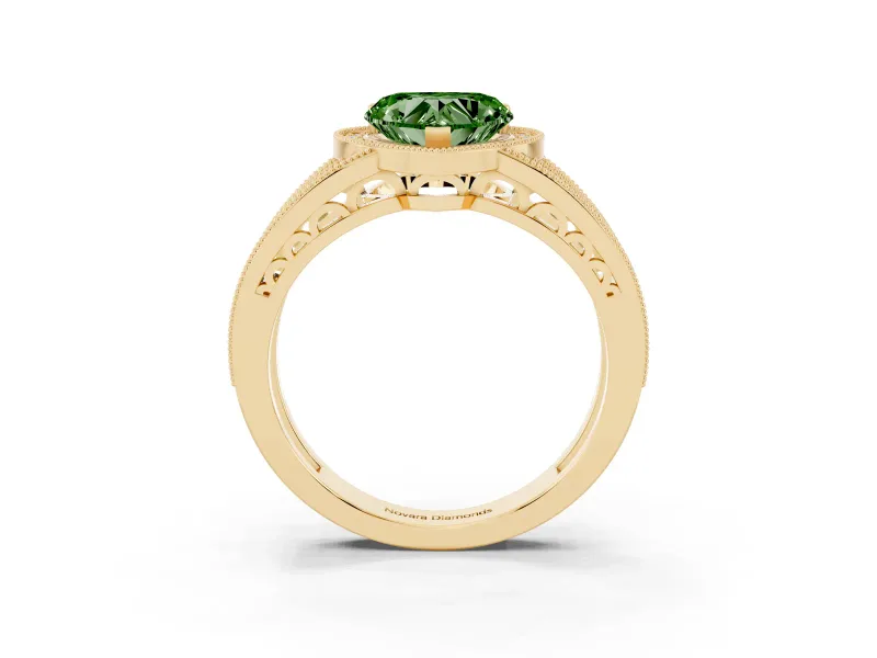 Fancy Green Heart Cut Diamond Halo Ring Set in Yellow gold with Accent Split Shank and Prong Setting