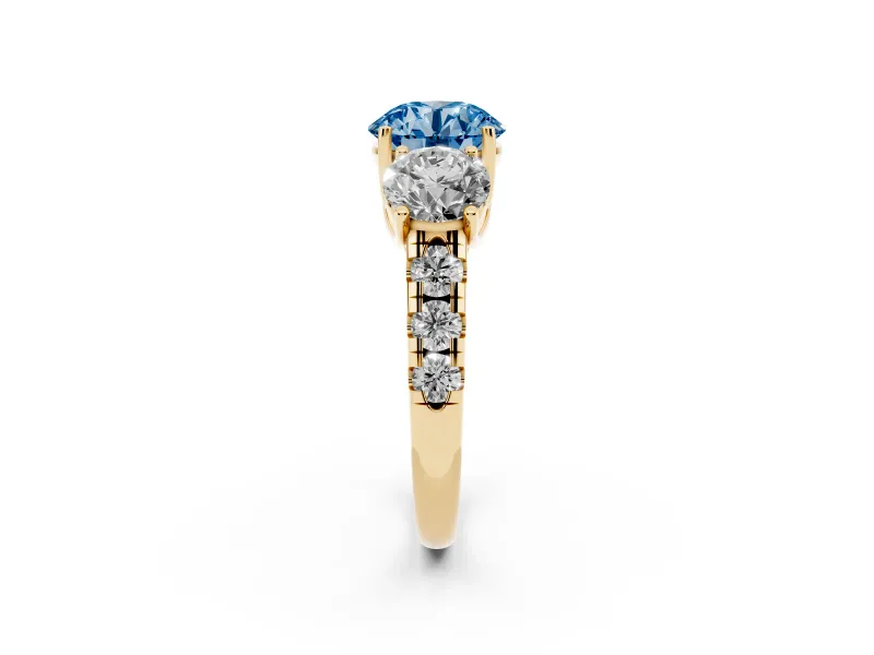 Round Three Stone Engagement Ring Setting for a Fancy Blue Lab-Grown Diamond | Accented Shoulders | Yellow Gold
