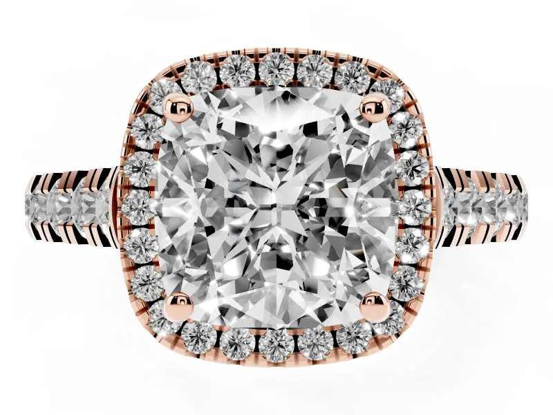 Cushion Cut Halo Engagement Ring Setting | Shared Prong Shoulders | Rose Gold