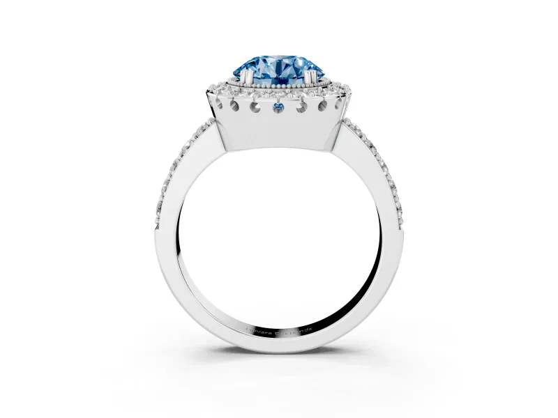 Round Milgrain Halo Engagement Ring Setting for a Fancy Blue Lab-Grown Diamond | Pavé Shoulders | Sterling Silver