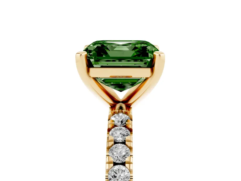 Fancy Green Asscher Cut Diamond Pavé Band Solitaire Set in Yellow gold with Prong Setting