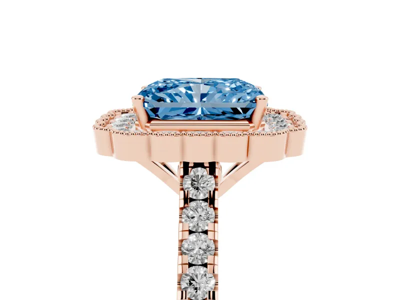 Radiant Cut Milgrain Floral Halo Engagement Ring Setting for a Fancy Blue Lab-Grown Diamond | Pavé Band | Rose Gold