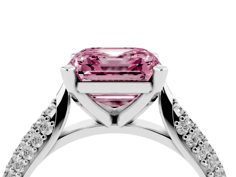 Fancy Pink Asscher Cut Diamond Solitaire Engagement Ring Set in Platinum with Multi-Row Round Pavé Band and Prong Setting