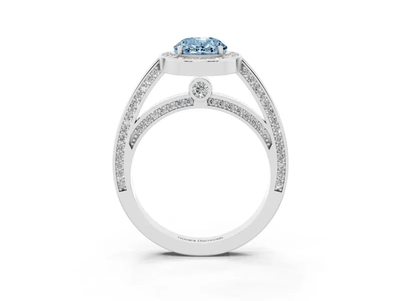 Fancy Blue Oval Cut Diamond Halo Pavé Split Shank Ring Set in Silver with Prong Setting