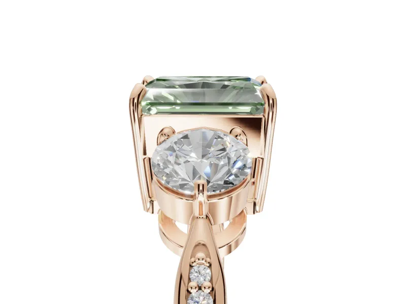 Radiant Cut Three Stone Engagement Ring Setting for a Fancy Green Lab-Grown Diamond | Tapered Pave Band | Rose Gold