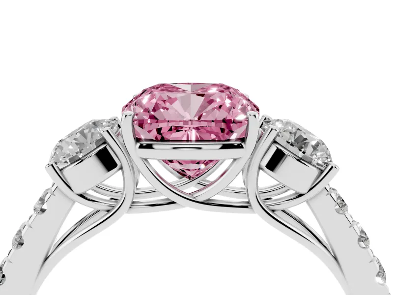 Fancy Pink Cushion Cut Diamond Three-Stone Ring Set in Silver with Round Side Stones and Delicate Pavé Band