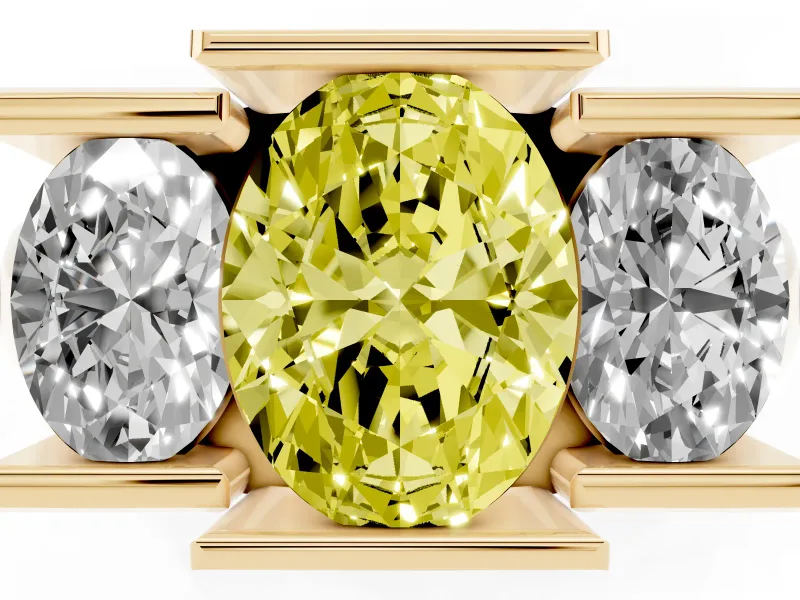 Fancy Yellow Oval Cut Diamond Three-Stone Channel Set Ring Set in Yellow gold with Smooth Polished Band