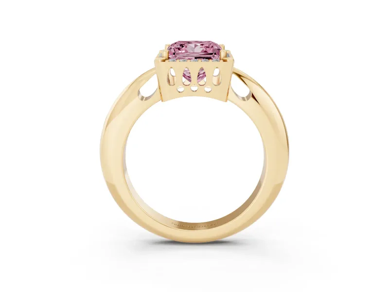 Fancy Pink Princess Cut Diamond Halo Engagement Ring Set in Yellow gold with Plain Split Shank and Prong Setting