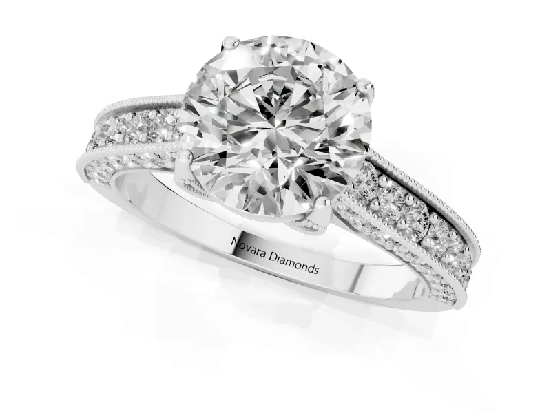 Round Vintage Hidden Halo Engagement Ring Setting | Milgrain Pave Band | Platinum