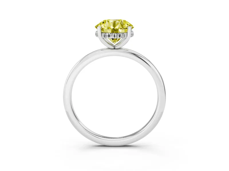 Fancy Yellow Round Cut Diamond Solitaire Engagement Ring Set in Platinum with Prong Setting and Polished Band