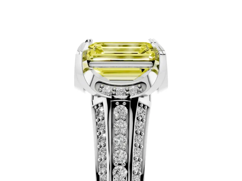 Fancy Yellow Emerald Cut Diamond Pavé Split Shank Solitaire Ring Set in White gold with Prong Setting