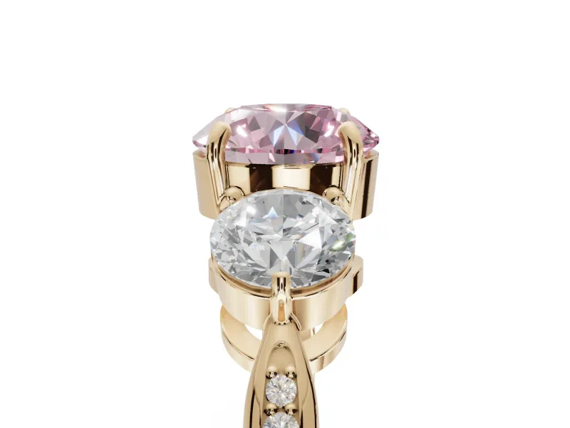 Round Three Stone Engagement Ring Setting for a Fancy Pink Lab-Grown Diamond | Tapered Pave Band | Yellow Gold
