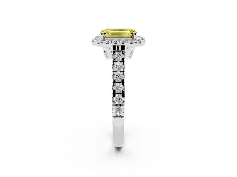 Emerald Cut Accented Halo Engagement Ring Setting for a Fancy Yellow Lab-Grown Diamond | Platinum