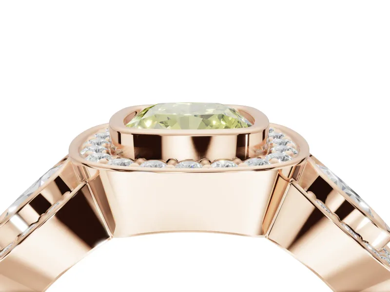 Cushion Cut Three Stone Halo Engagement Ring Setting for a Fancy Yellow Lab-Grown Diamond | Bezel Set | Rose Gold