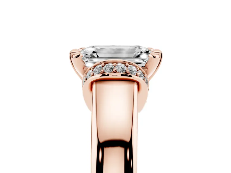 Emerald Cut Pavé Collar Solitaire Engagement Ring Setting | Wide Polished Band | Rose Gold