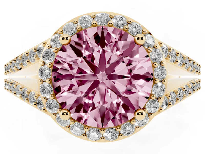 Round Halo Engagement Ring Setting for a Fancy Pink Lab-Grown Diamond | Pave Split Shank | Yellow Gold