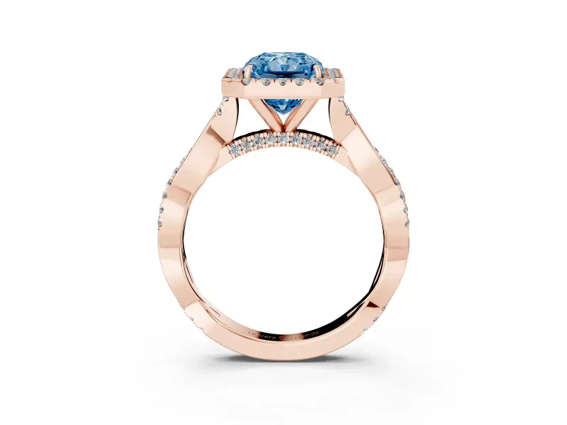 Radiant Cut Twist Halo Engagement Ring Setting for a Fancy Blue Lab-Grown Diamond | Rose Gold