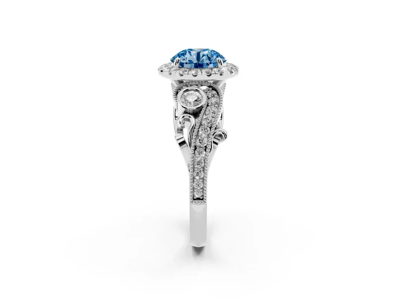 Round Vintage Halo Engagement Ring Setting for a Fancy Blue Lab-Grown Diamond | Platinum
