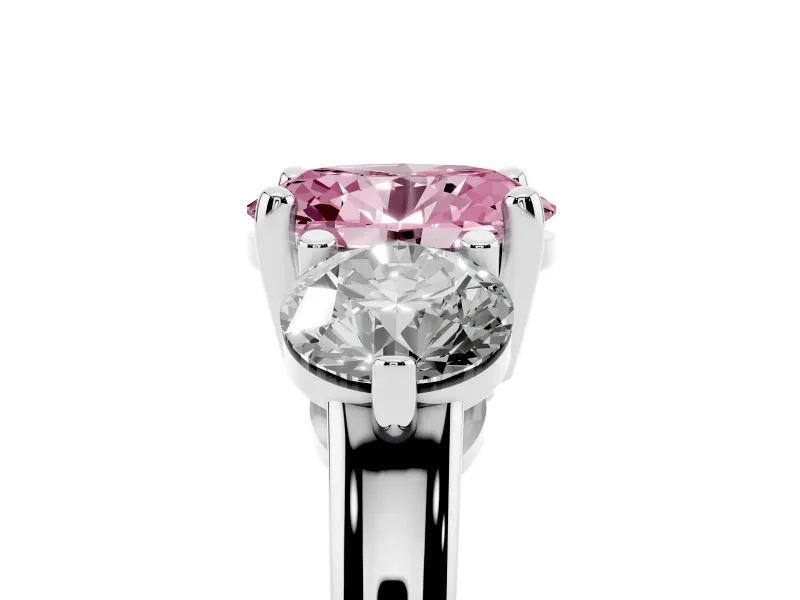 Fancy Pink Oval Cut Diamond Three-Stone Ring Set in White gold with Prong Setting and Classic Band