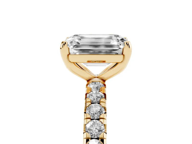 Emerald Cut Pavé Solitaire Engagement Ring Setting | Shared Prong Band | Yellow Gold