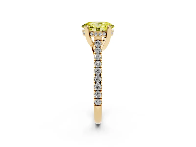 Oval Hidden Halo Pave Engagement Ring Setting for a Fancy Yellow Lab-Grown Diamond | Claw Prongs | Yellow Gold