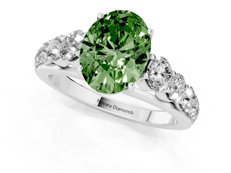 Fancy Green Oval Cut Diamond Solitaire Ring Set in Silver with Pavé-Set Band and Prong Setting