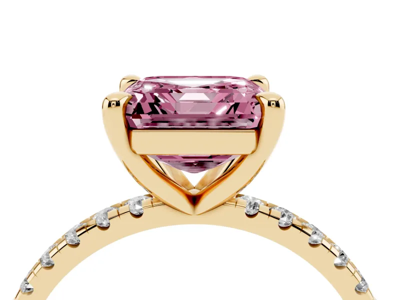 Fancy Pink Asscher Cut Diamond Brilliant Solitaire Ring Set in Yellow gold with Pavé Band and Prong Setting